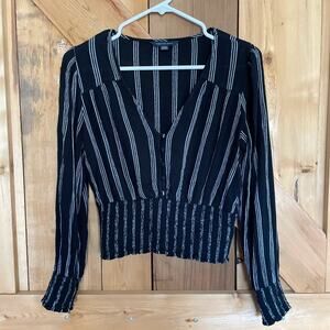 American Eagle Black and White Striped Smocked Long Sleeve Crop Top Size S